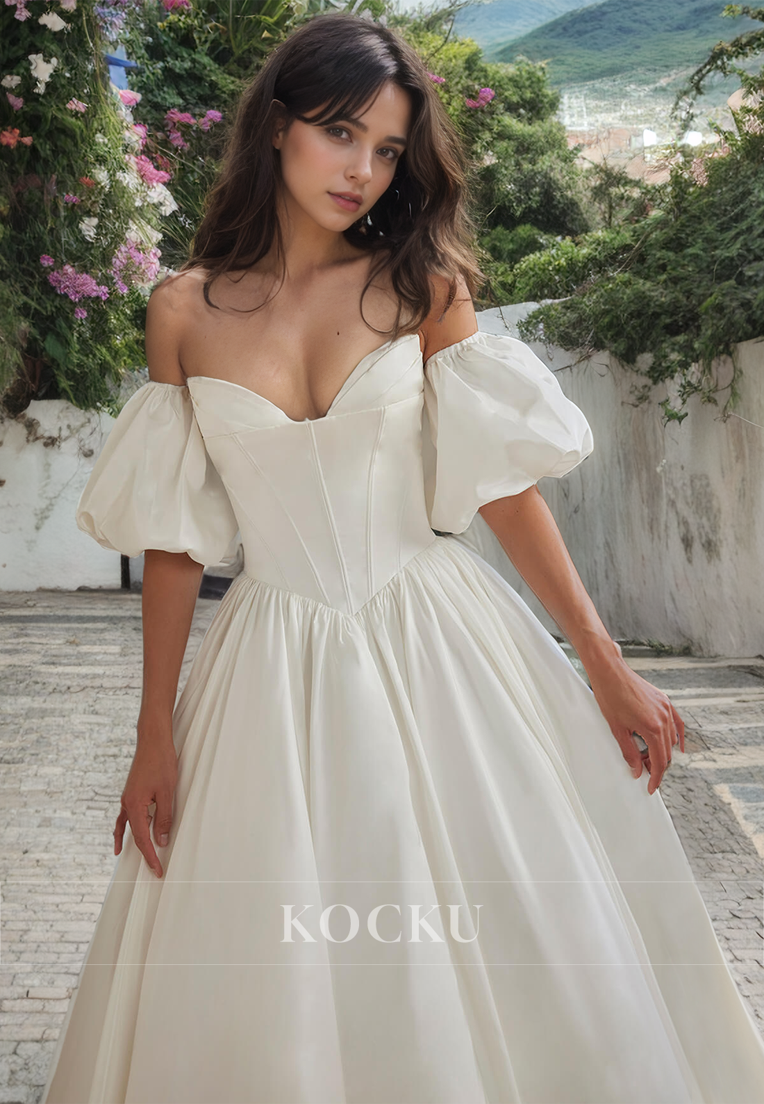 Classic & Timeless Off-Shoulder Short sleeves A-Line Satin Wedding Dress