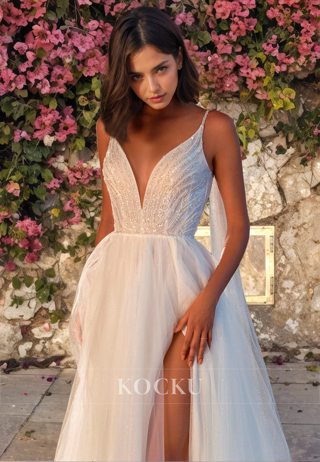 Elegant & Simple Spaghetti Straps V-Neck A-Line Split Wedding Dress