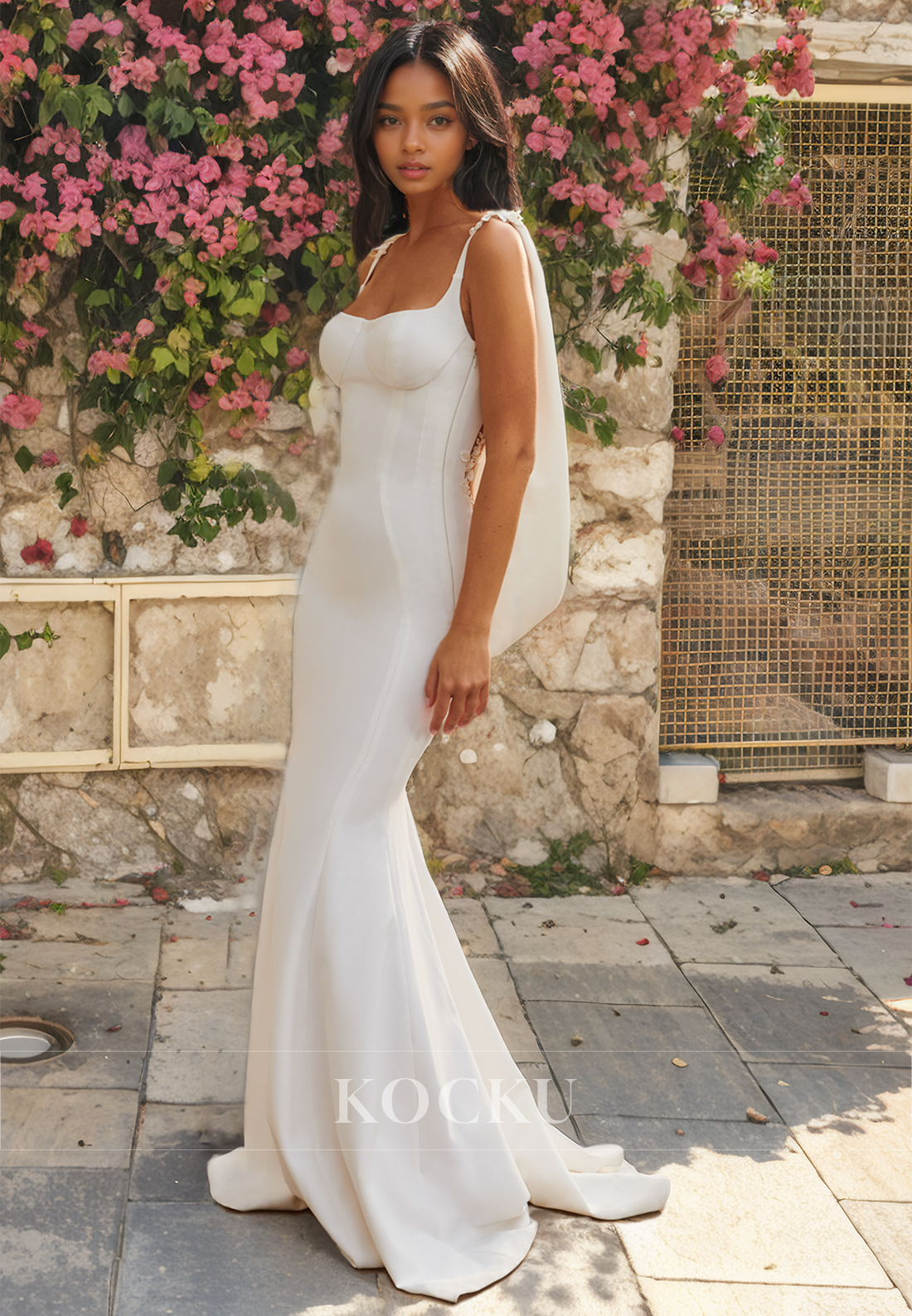 Elegant & Simple Spaghetti Straps Square Mermaid Wedding Dress