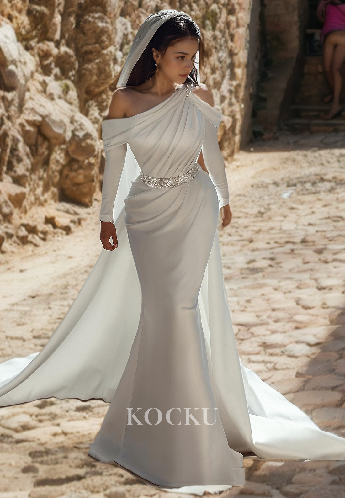 Couture & Ornate One Shoulder Long sleeves Mermaid Satin Evening Party Prom Dress