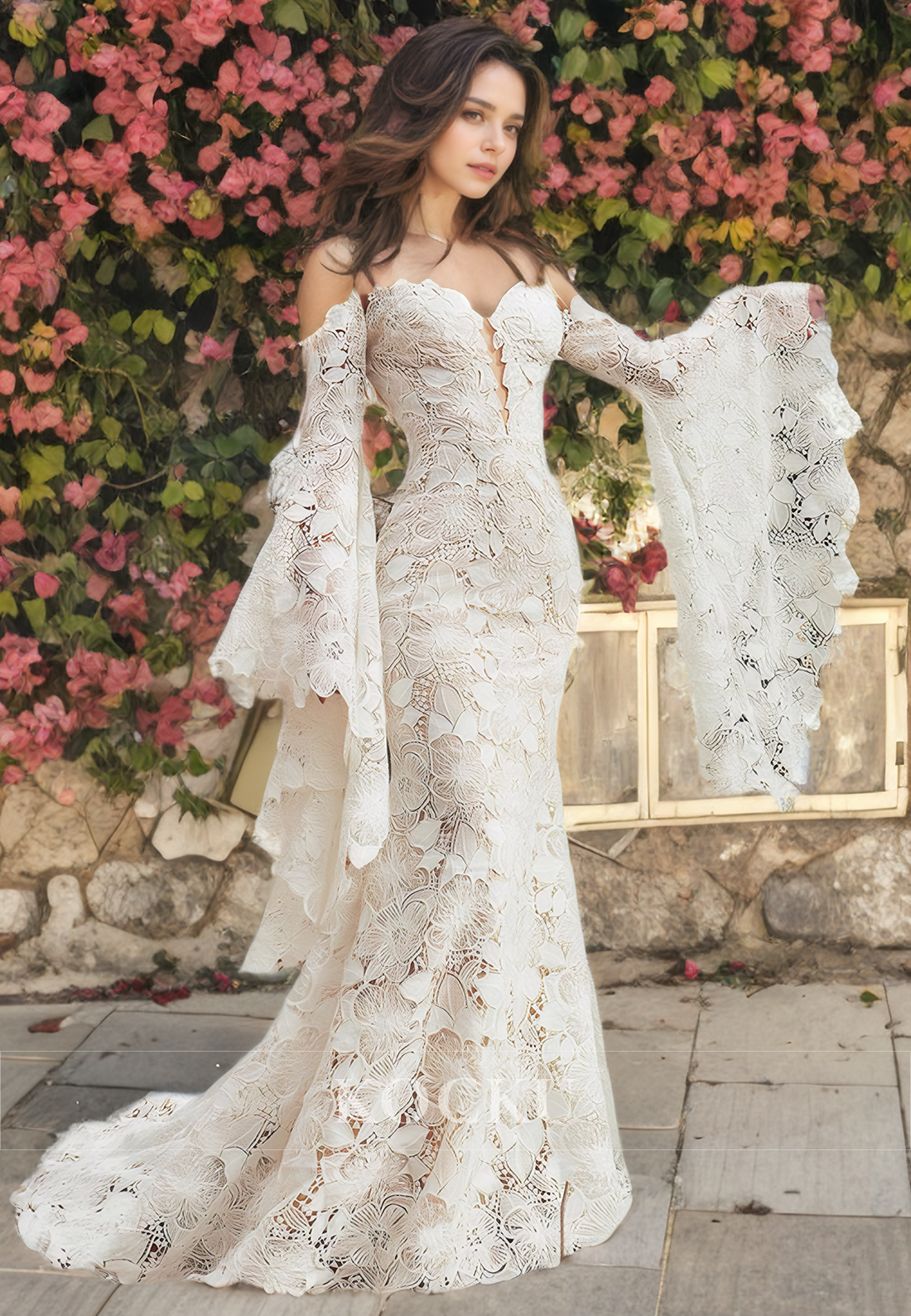 Glamorous & Dramatic Off-Shoulder Long sleeves Appliques Mermaid Wedding Dress