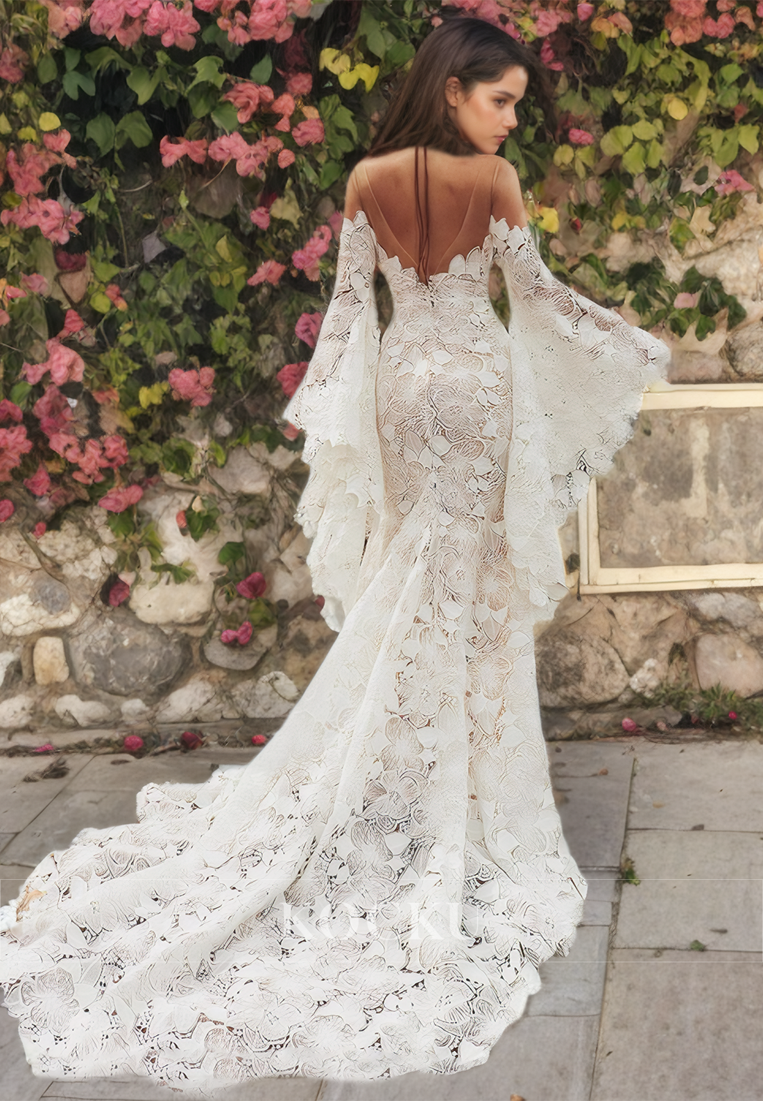 Glamorous & Dramatic Off-Shoulder Long sleeves Appliques Mermaid Wedding Dress