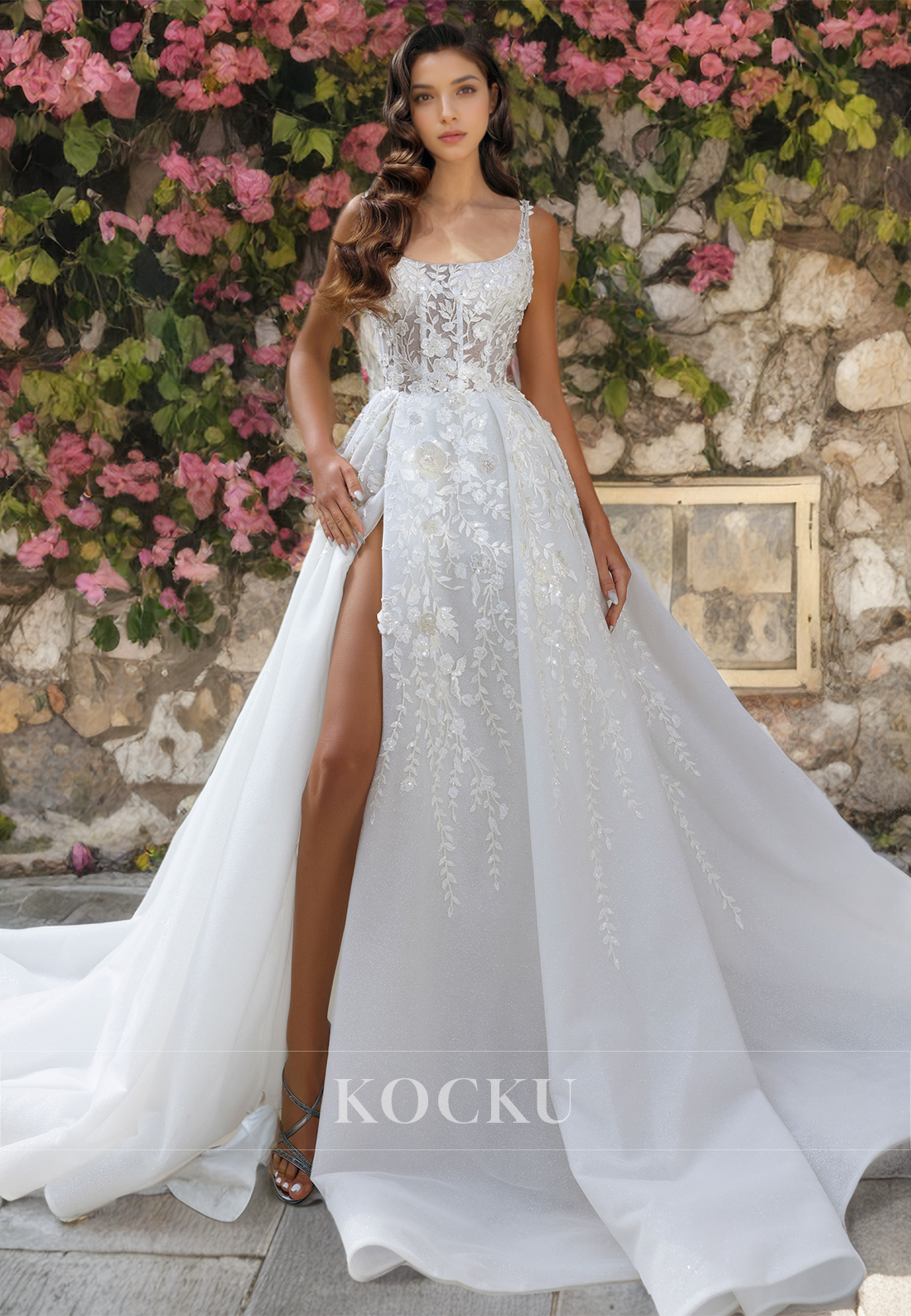 Elegant & Luxurious Square Straps Appliques A-Line Split Wedding Dress