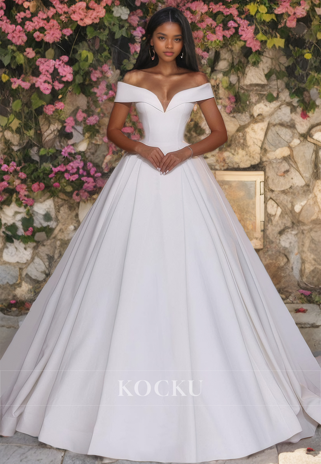 Classic & Timeless Off-Shoulder V-Neck A-Line Satin Wedding Dress