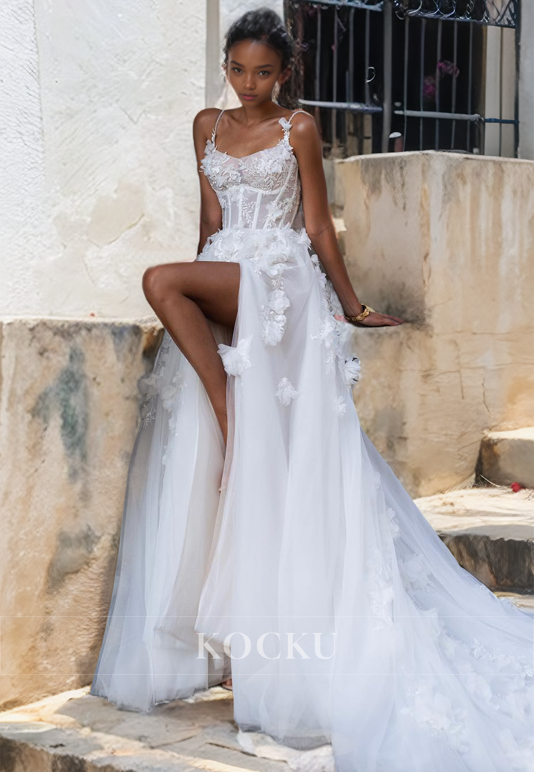 Couture & Ornate Spaghetti Straps Square A-Line Split Tulle Wedding Dress