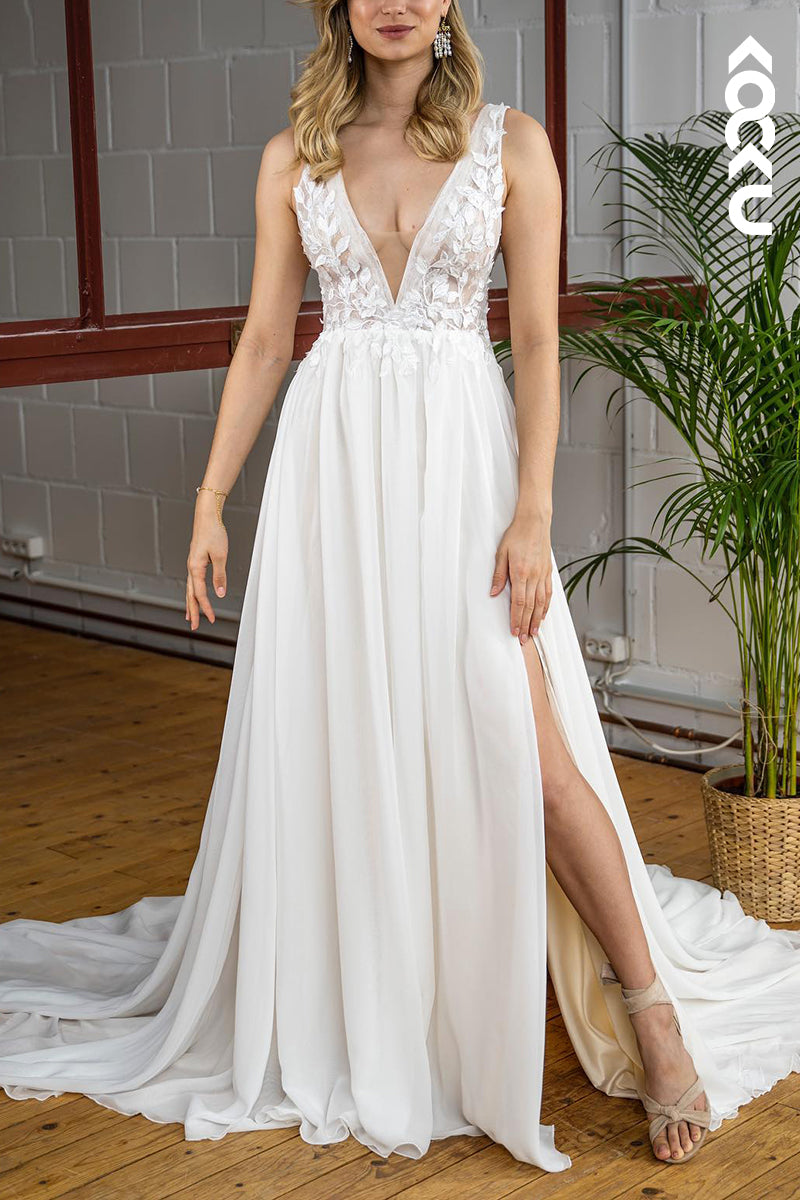 K2127 - Sexy & Hot V-Neck A-Line Applique V-Back Side Slit Wedding Dress