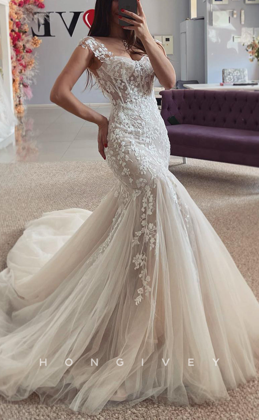 H1701 - Trumpet Sweetheart Sleeveless  Lace Applique With Tulle Train Wedding Dress