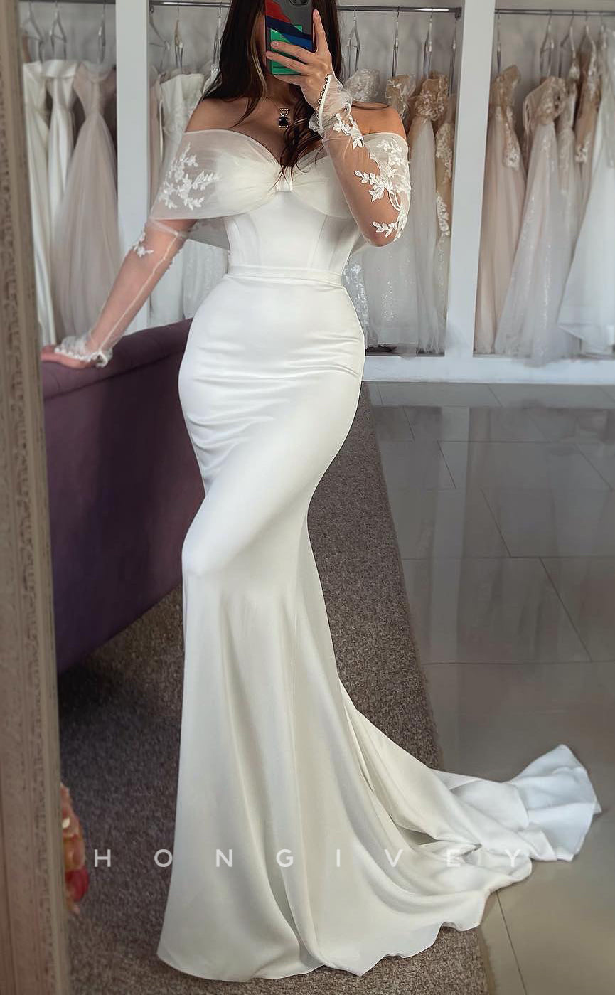 H1699 - Off-Shoulder Long Sleeve Trumpet Appliques Beach Wedding Dress