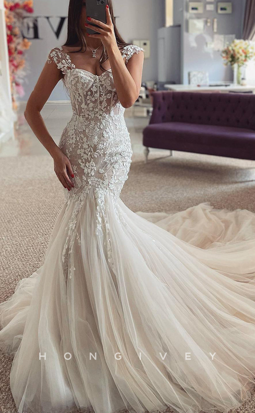 H1701 - Trumpet Sweetheart Sleeveless  Lace Applique With Tulle Train Wedding Dress