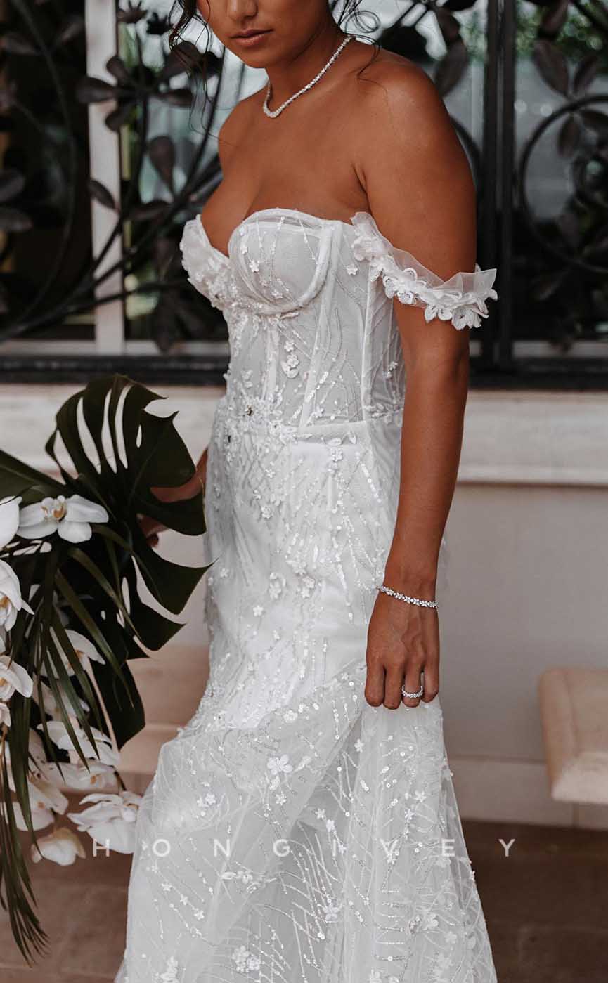 H1717 - Off-Shoulder Trumpet Lace Applique With Train Beach Wedding Dress