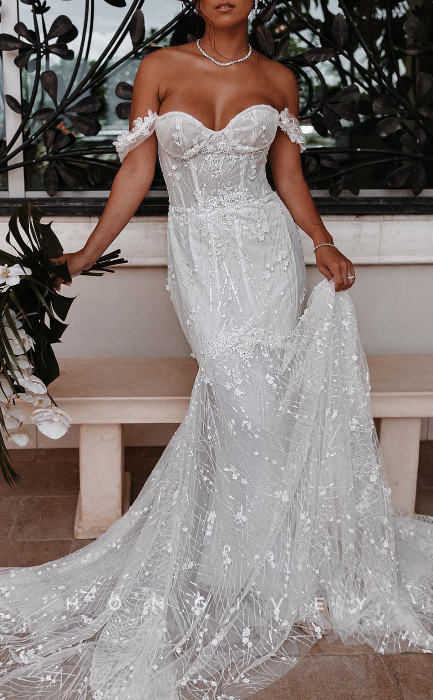 H1717 - Off-Shoulder Trumpet Lace Applique With Train Beach Wedding Dress