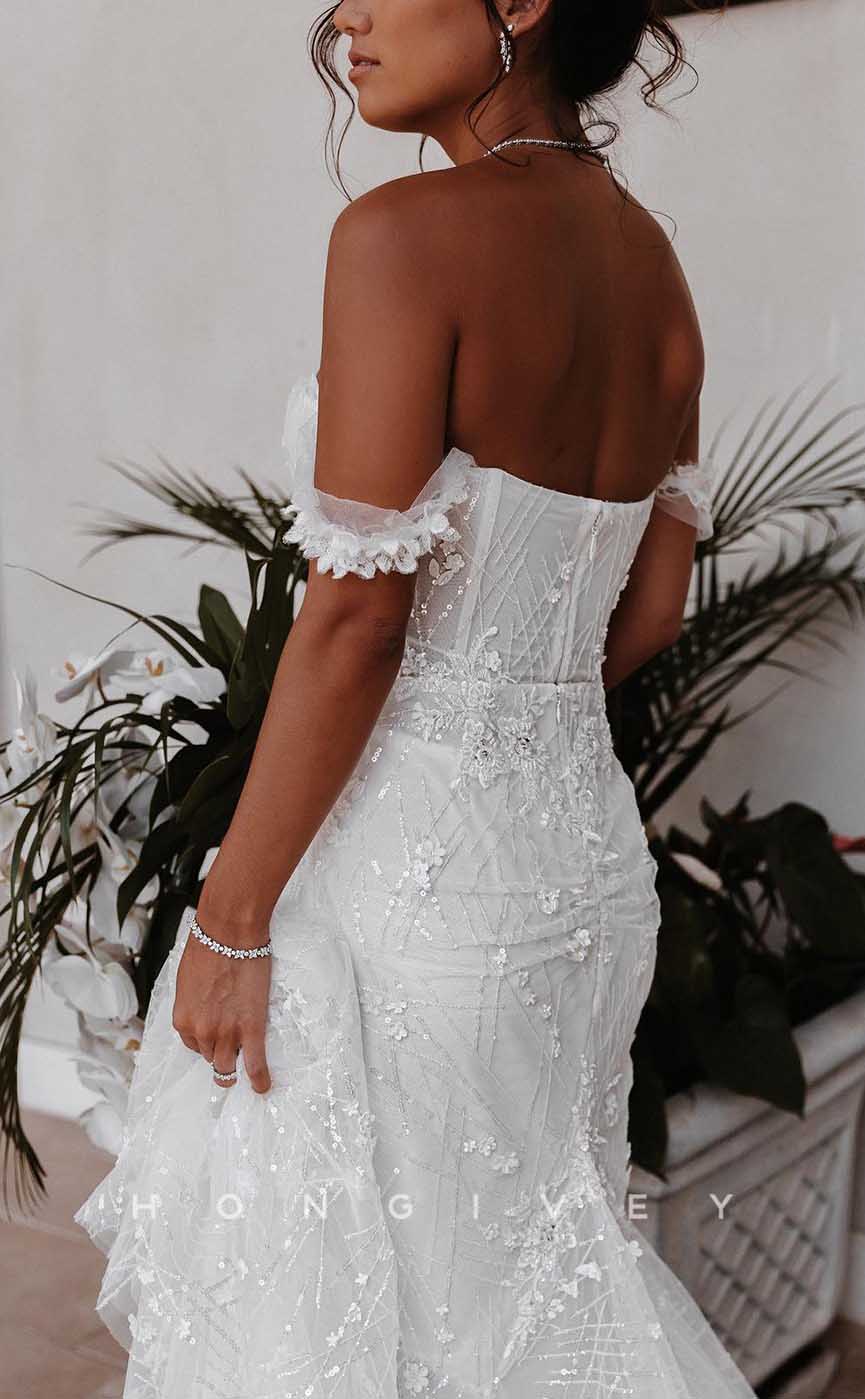 H1717 - Off-Shoulder Trumpet Lace Applique With Train Beach Wedding Dress