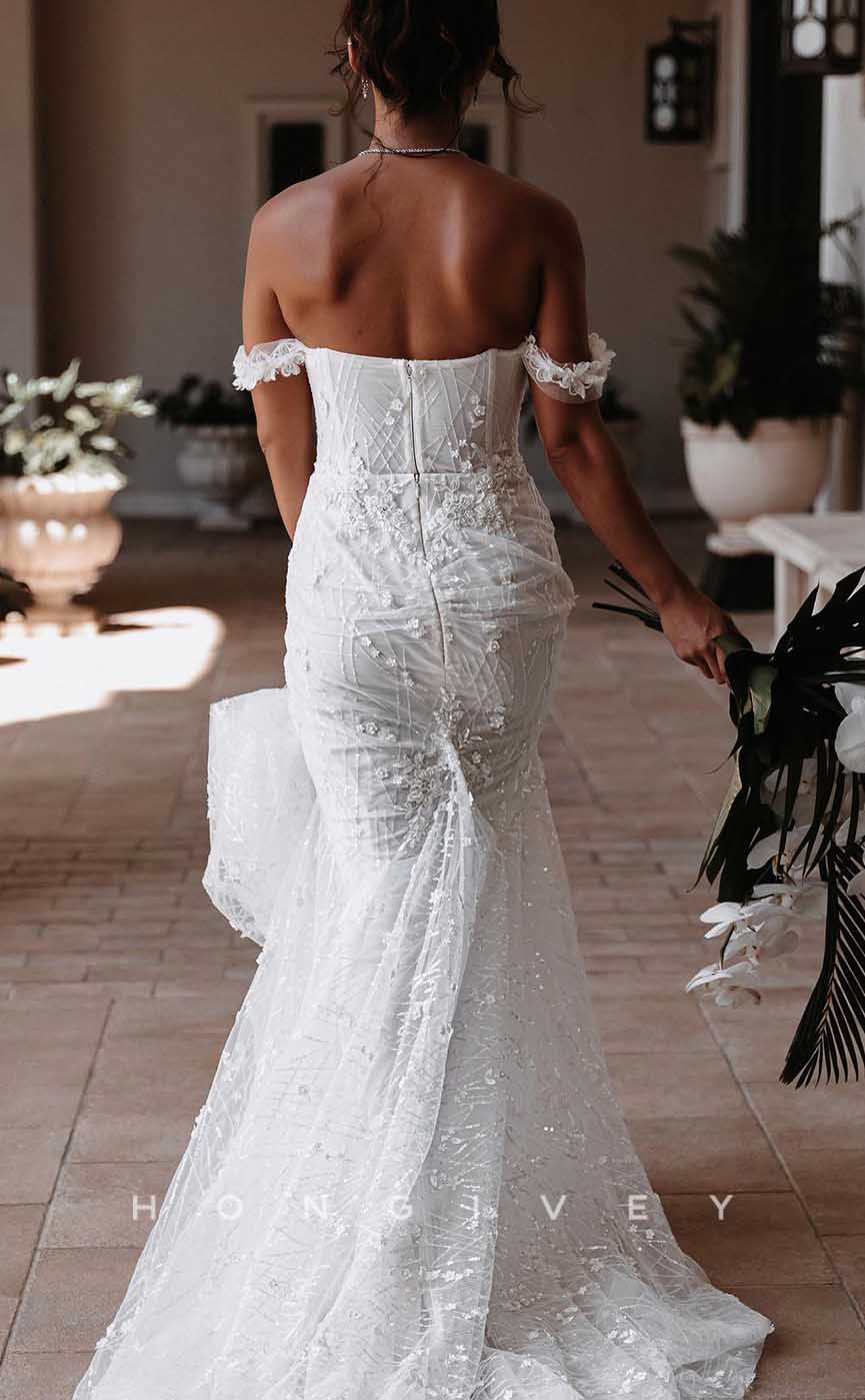 H1717 - Off-Shoulder Trumpet Lace Applique With Train Beach Wedding Dress