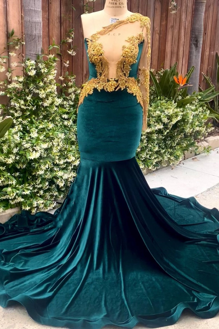 Designer Dark Green Velvet One shoulder Long Mermaid Prom Party Dresses with Gold Appliques