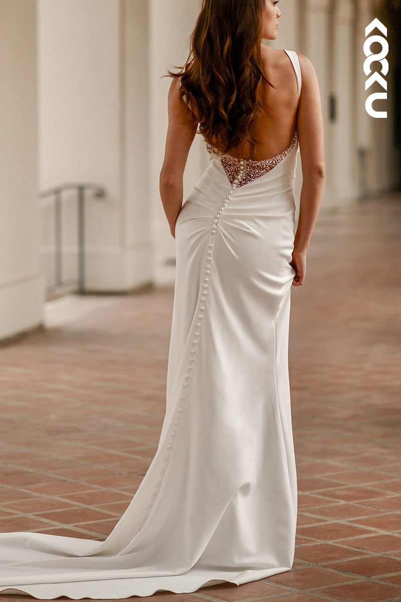 K2139 - Sexy & Hot Trumpet/Mermaid Split Straps Backless Ruched Wedding Dress