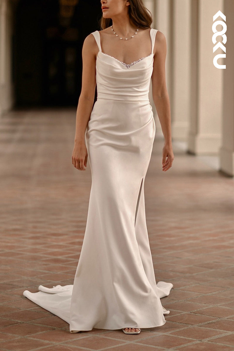 K2139 - Sexy & Hot Trumpet/Mermaid Split Straps Backless Ruched Wedding Dress