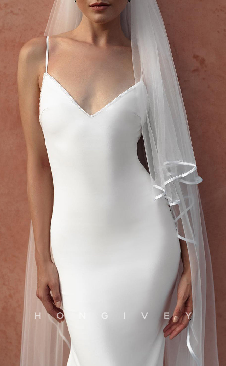 H1672 - Simple V-Neck Spaghetti Straps Trumpet With Train Wedding Dress