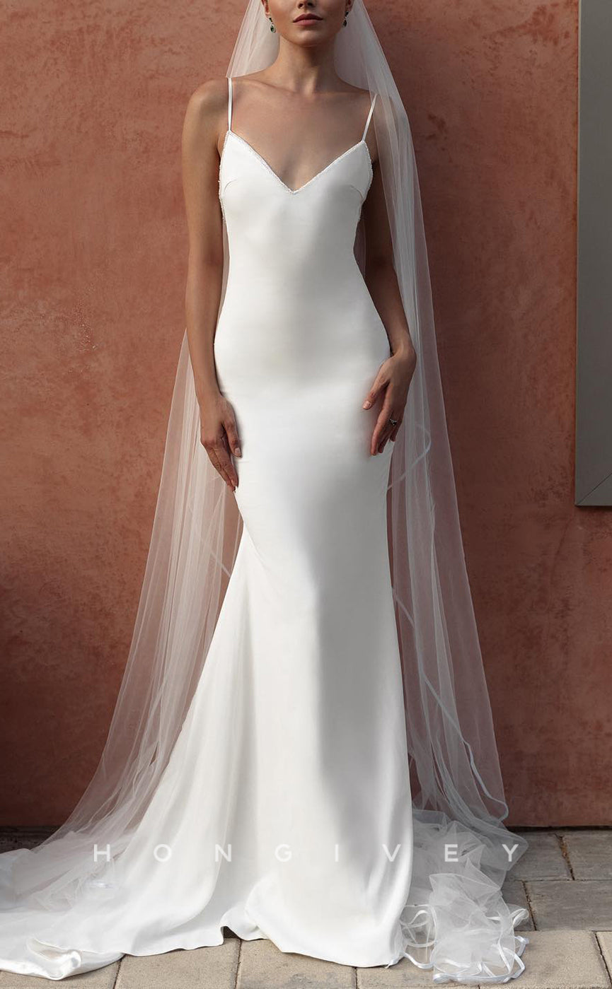 H1672 - Simple V-Neck Spaghetti Straps Trumpet With Train Wedding Dress