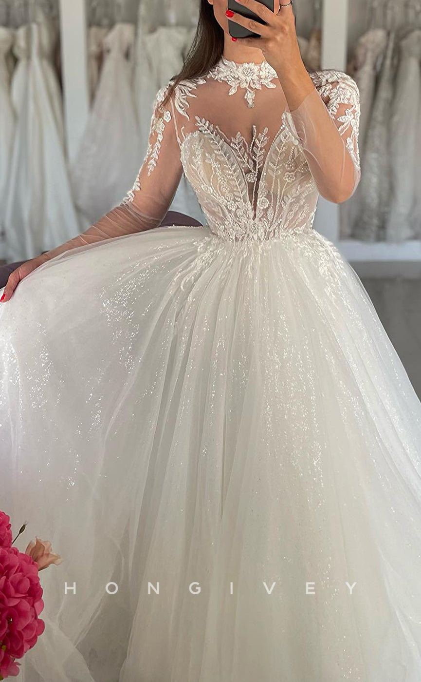 H1694 - Chic Tulle A-Line High Neck Lace Long Sleeve Glitter Appliques Wedding Dress