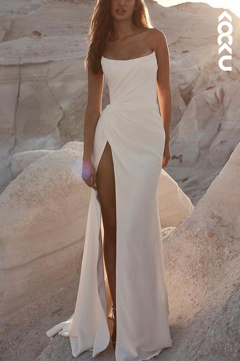 K2159 - Simple & Casual Sleeveless Off-Shoulder Split Sheath/Column Wedding Dress