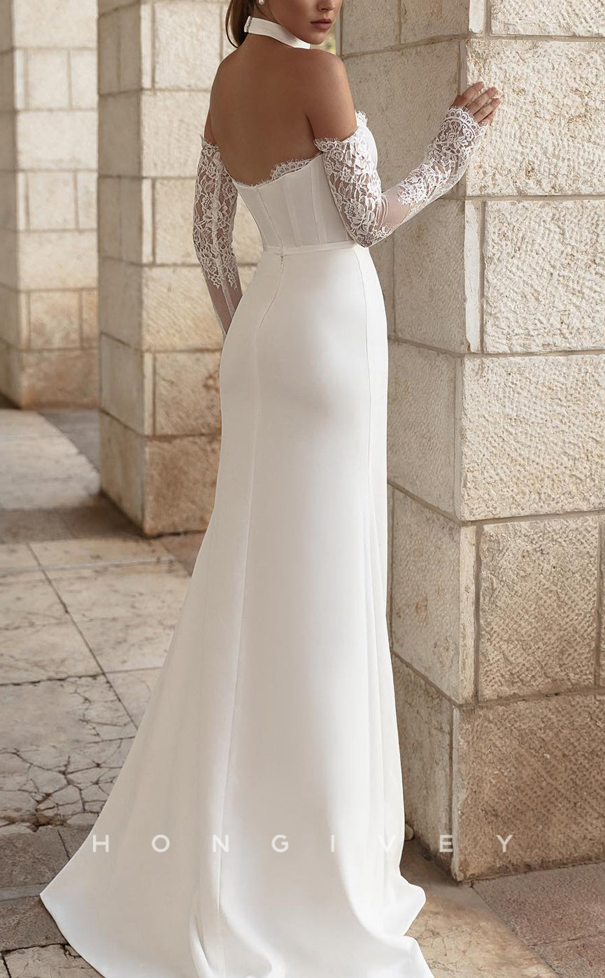 H1671 - Chic Bateau Trumpet Lace Long Sleeve Beach Wedding Dress