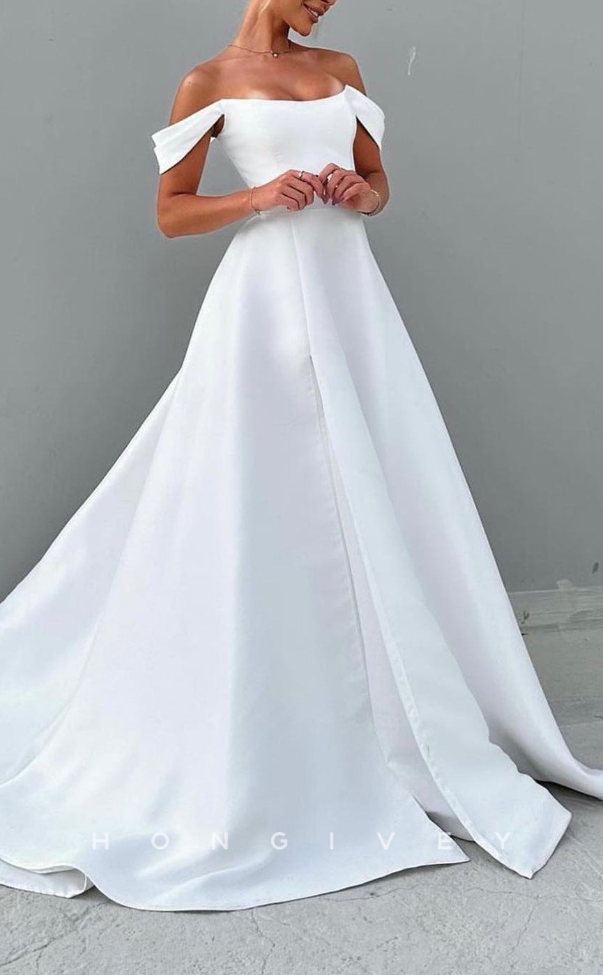 H1758 - Elegant Satin A-Line Bateau Off-Shoulder With Train Wedding Dress