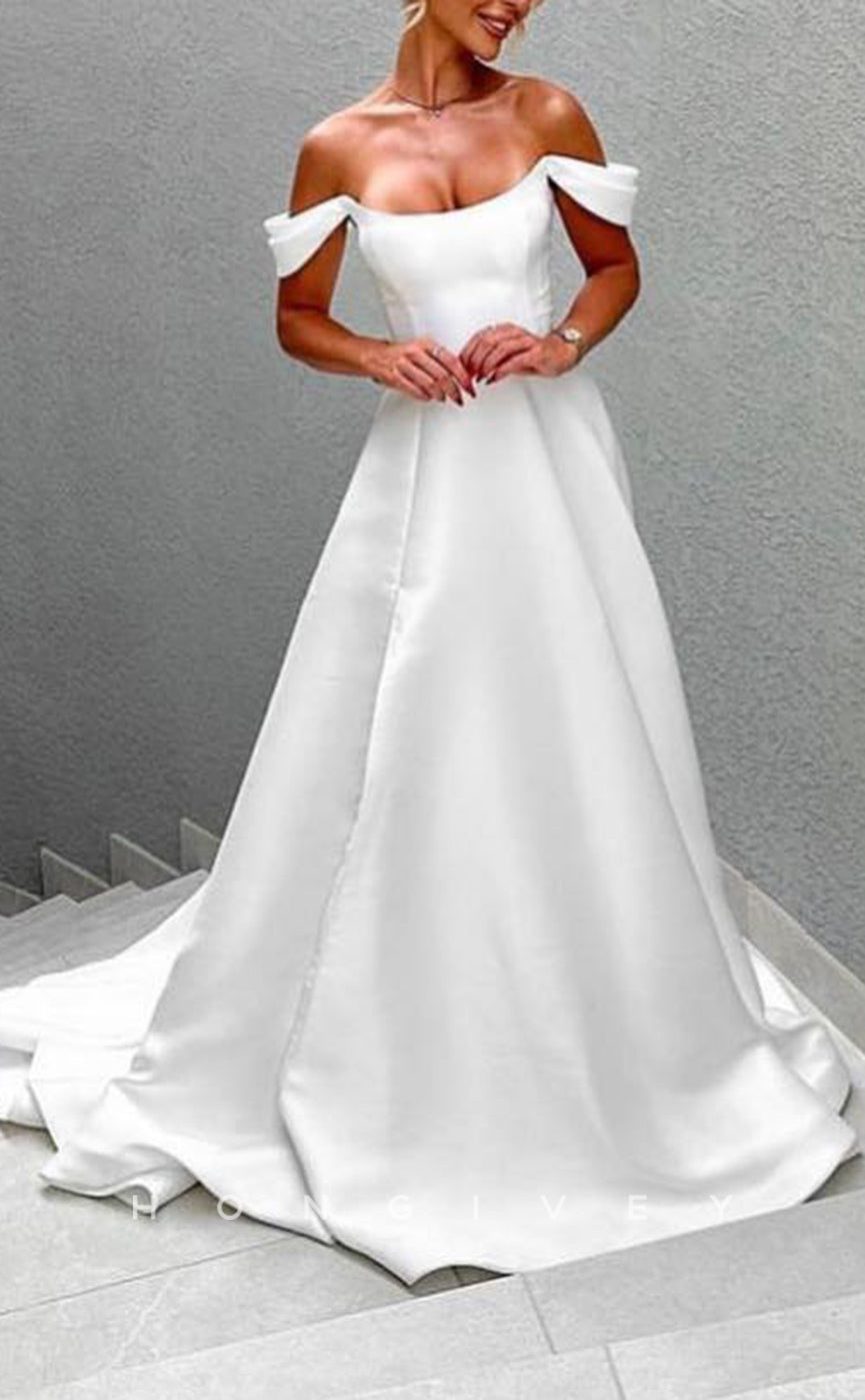 H1758 - Elegant Satin A-Line Bateau Off-Shoulder With Train Wedding Dress