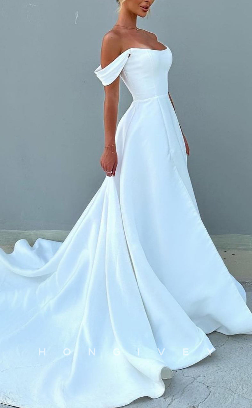 H1758 - Elegant Satin A-Line Bateau Off-Shoulder With Train Wedding Dress