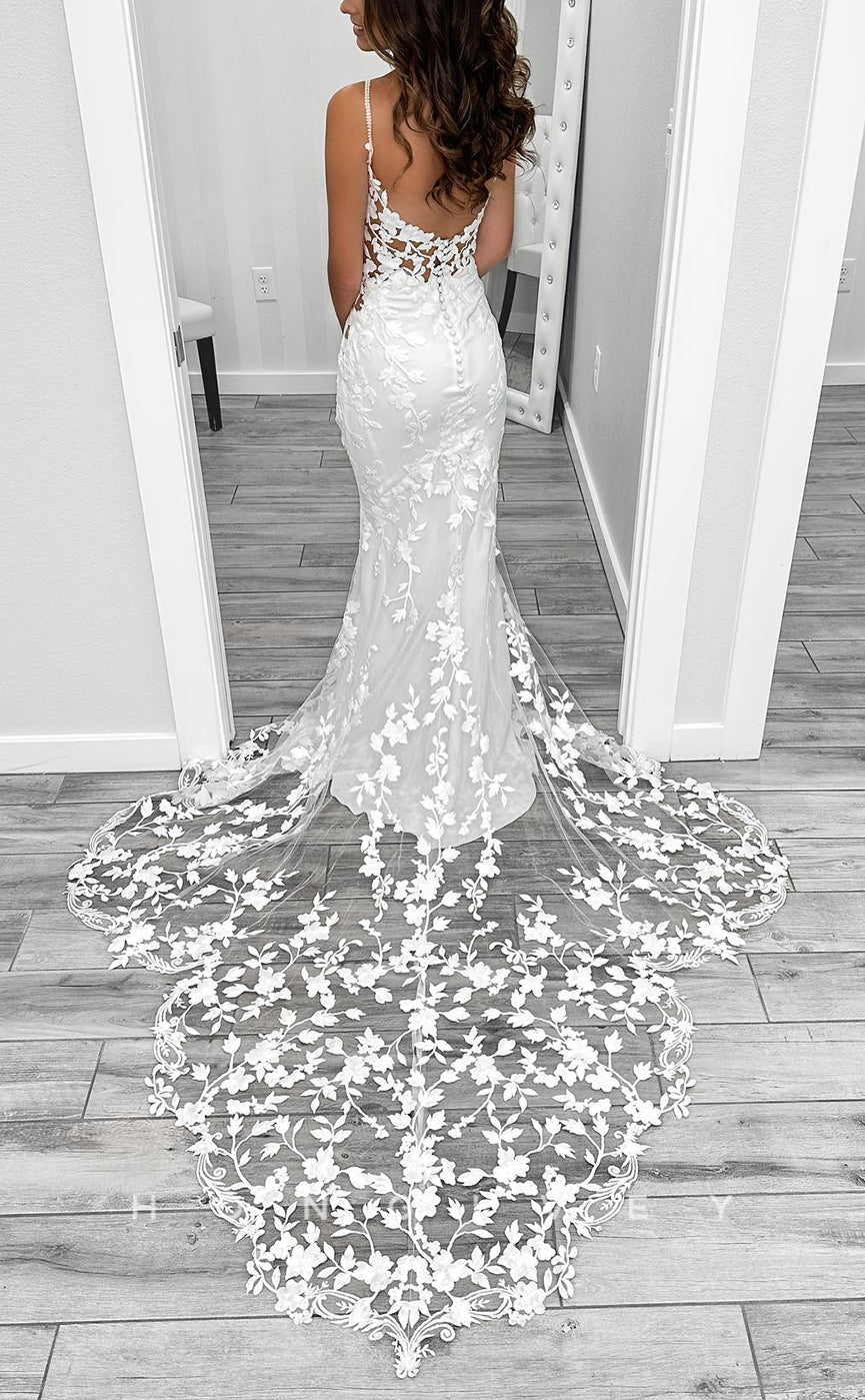 H1710 - Sexy Satin V-Neck Spaghetti Straps Illusion Lace Applique With Lace Train Wedding Dress