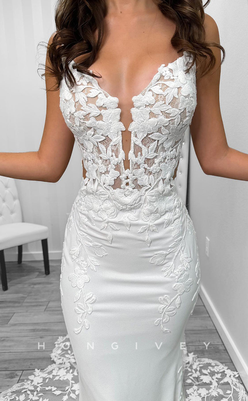 H1710 - Sexy Satin V-Neck Spaghetti Straps Illusion Lace Applique With Lace Train Wedding Dress