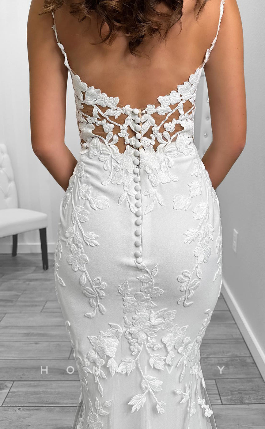 H1710 - Sexy Satin V-Neck Spaghetti Straps Illusion Lace Applique With Lace Train Wedding Dress