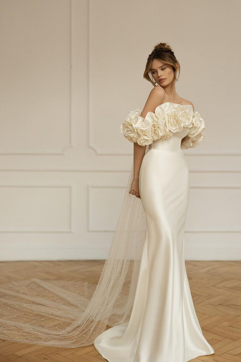 K1101 - Off-Shoulder Strapless Floral Ruched Satin Mermaid Long Wedding Dress