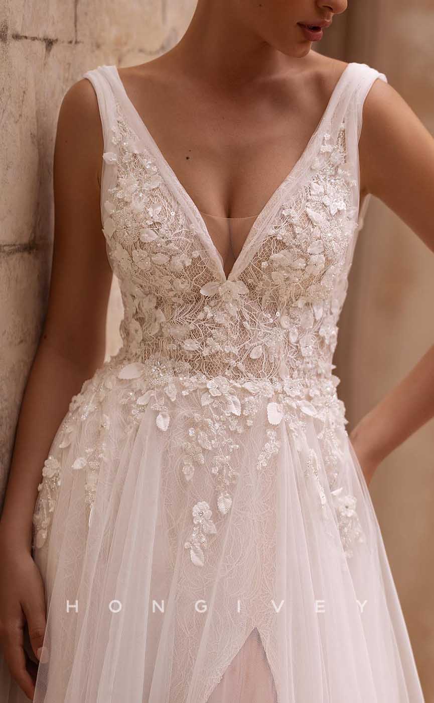 H1714 - V-Neck Tulle A-Line Lace Applique With Side Slit Wedding Dress