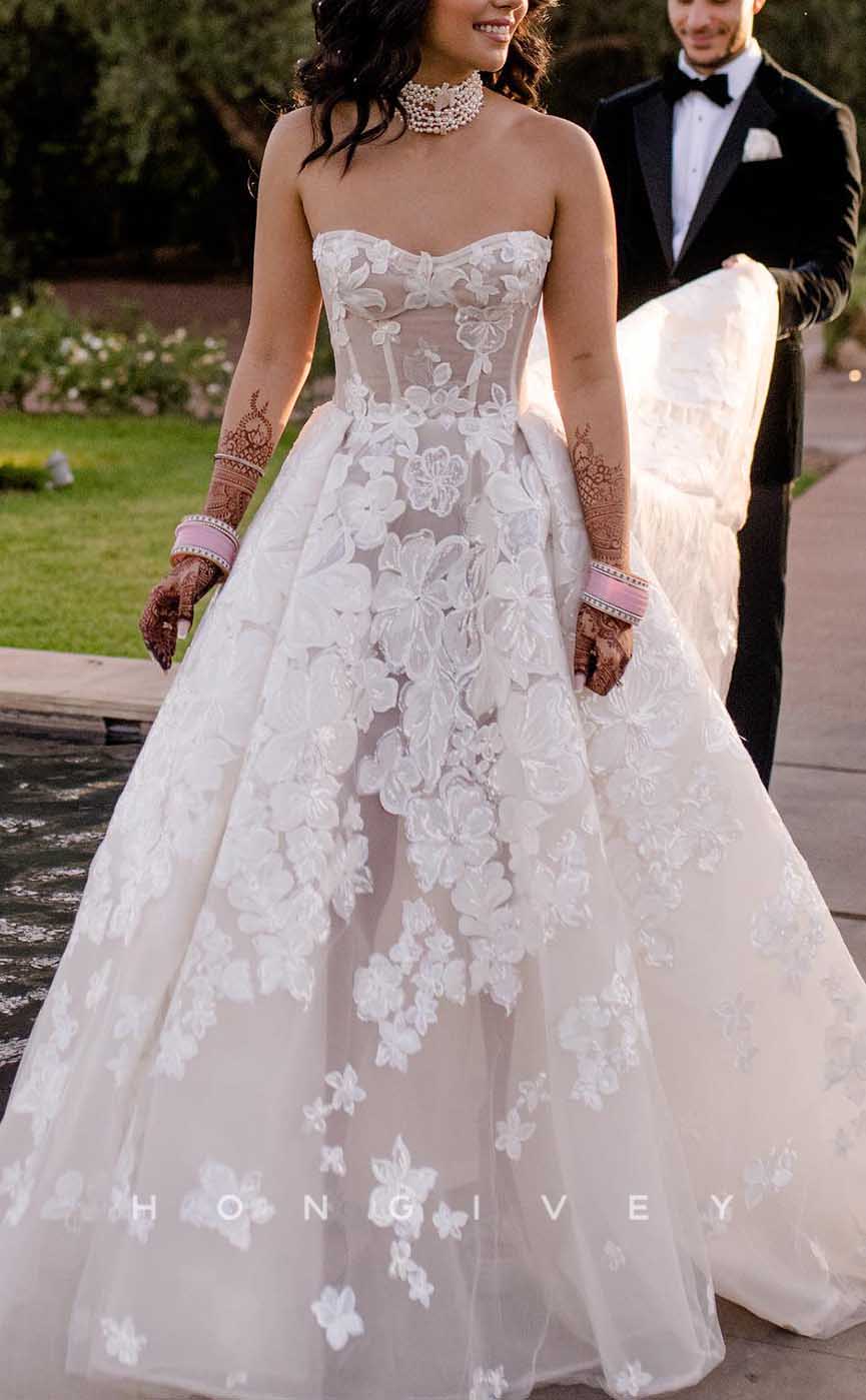 H1716 - Chic Sheer A-Line Sweetheart Lace Applique With Train Wedding Dress