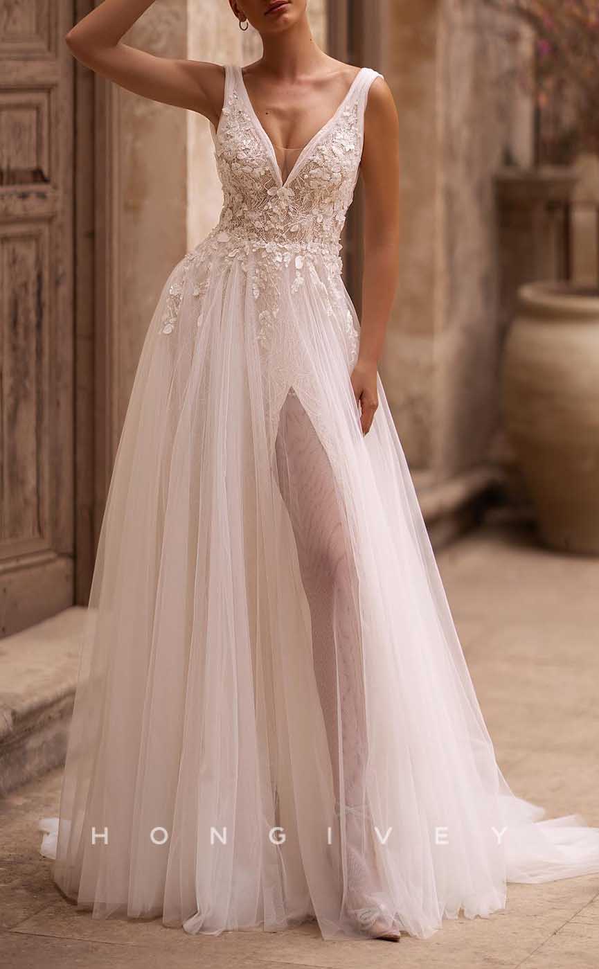 H1714 - V-Neck Tulle A-Line Lace Applique With Side Slit Wedding Dress