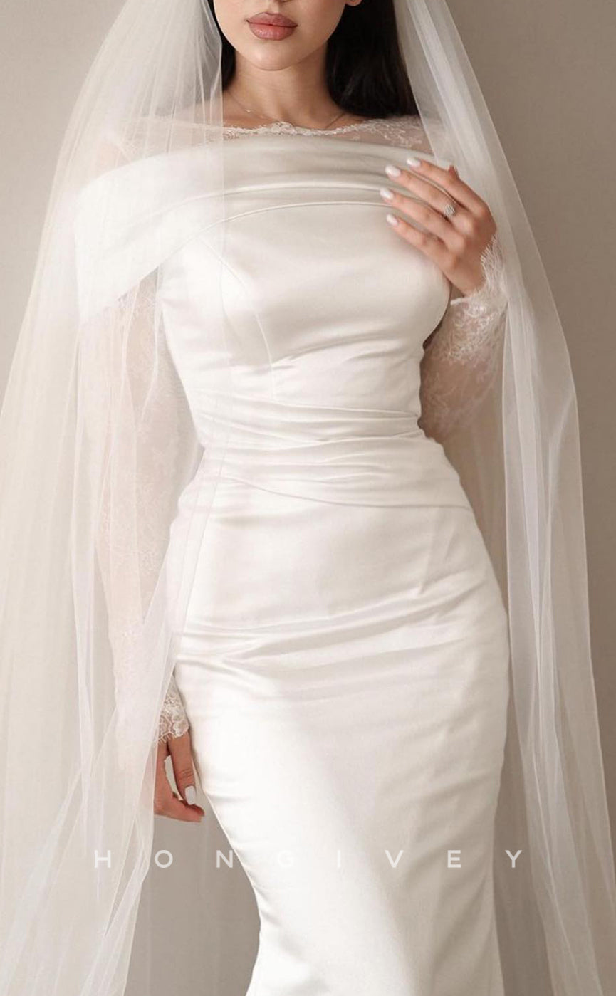 H1685 - Trumpet Round Long Lace Sleeves Ruched Beach Wedding Dress