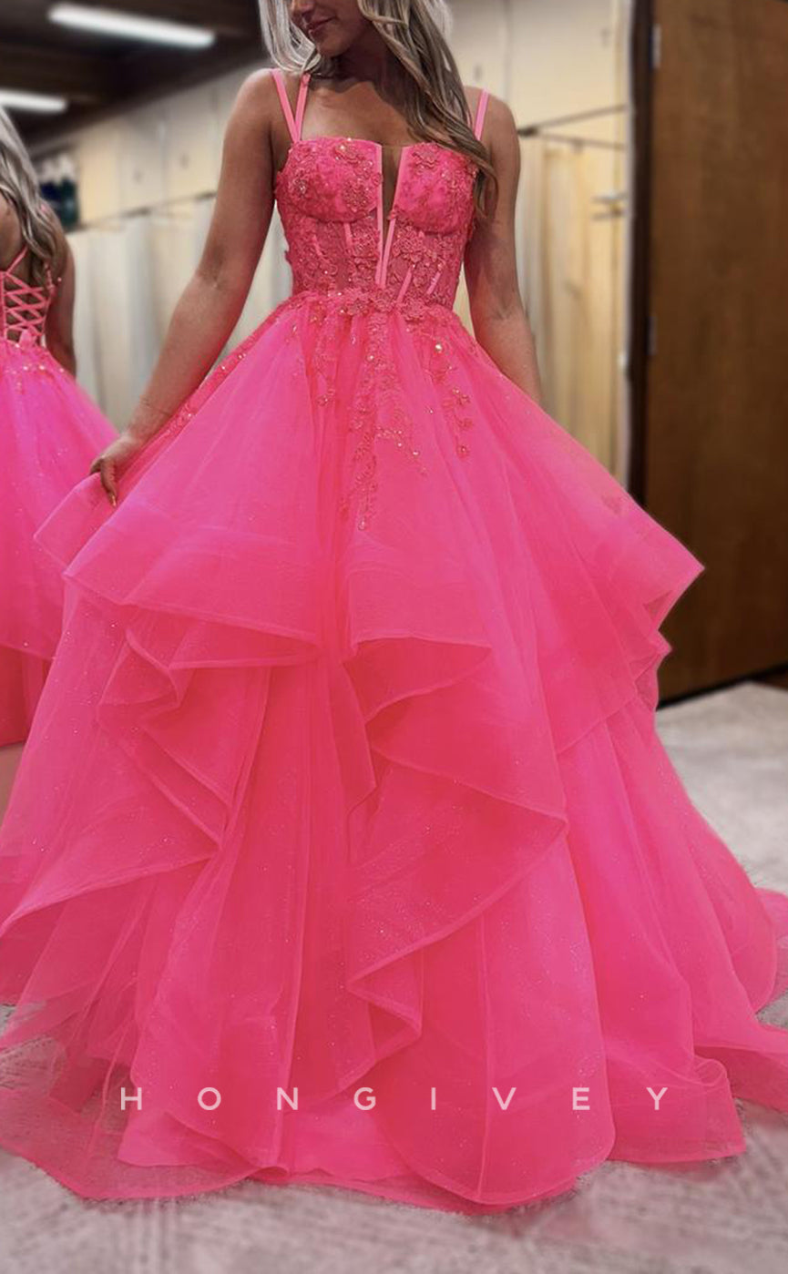 L2720 - Tulle Glitter A-Line Square Spaghetti Straps Appliques Party Prom Evening Dress