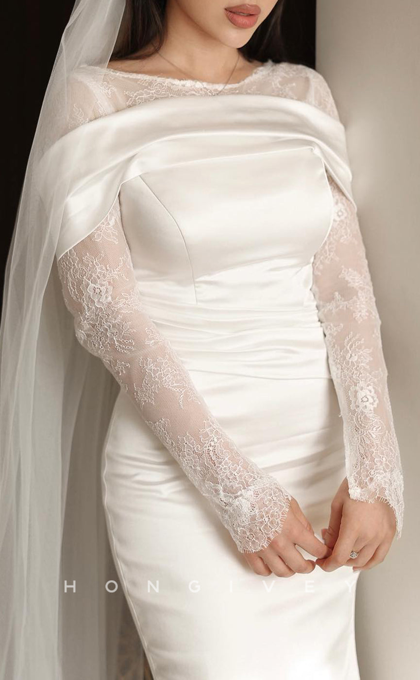 H1685 - Trumpet Round Long Lace Sleeves Ruched Beach Wedding Dress