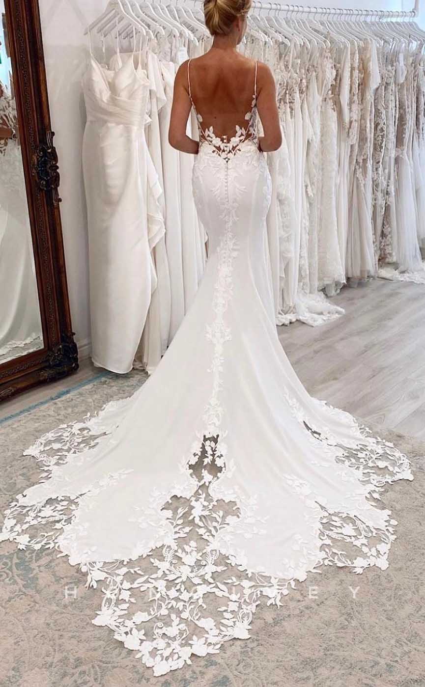 H1733 - Trumpet V-Neck Spaghetti Straps Lace Applique With Train Wedding Dress