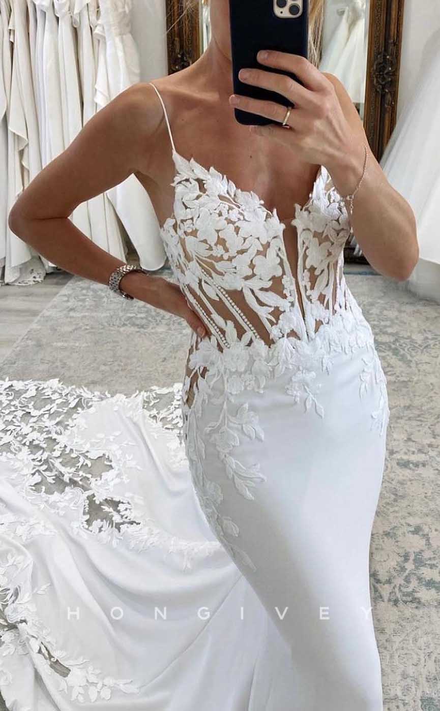 H1733 - Trumpet V-Neck Spaghetti Straps Lace Applique With Train Wedding Dress