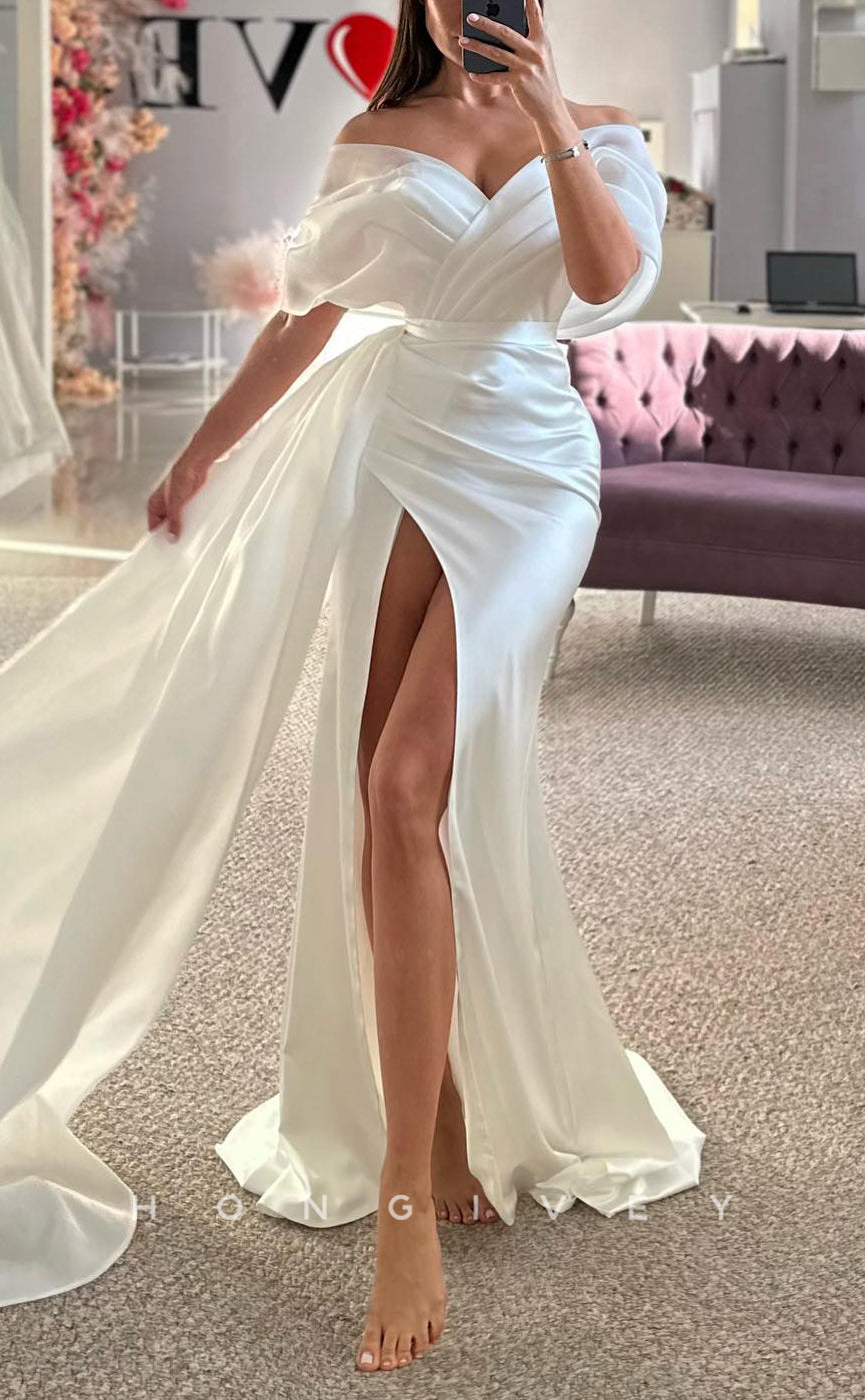 H1697 - Satin Trumpet Off-Shoulder Ruched With Side Slit Train Wedding Dress