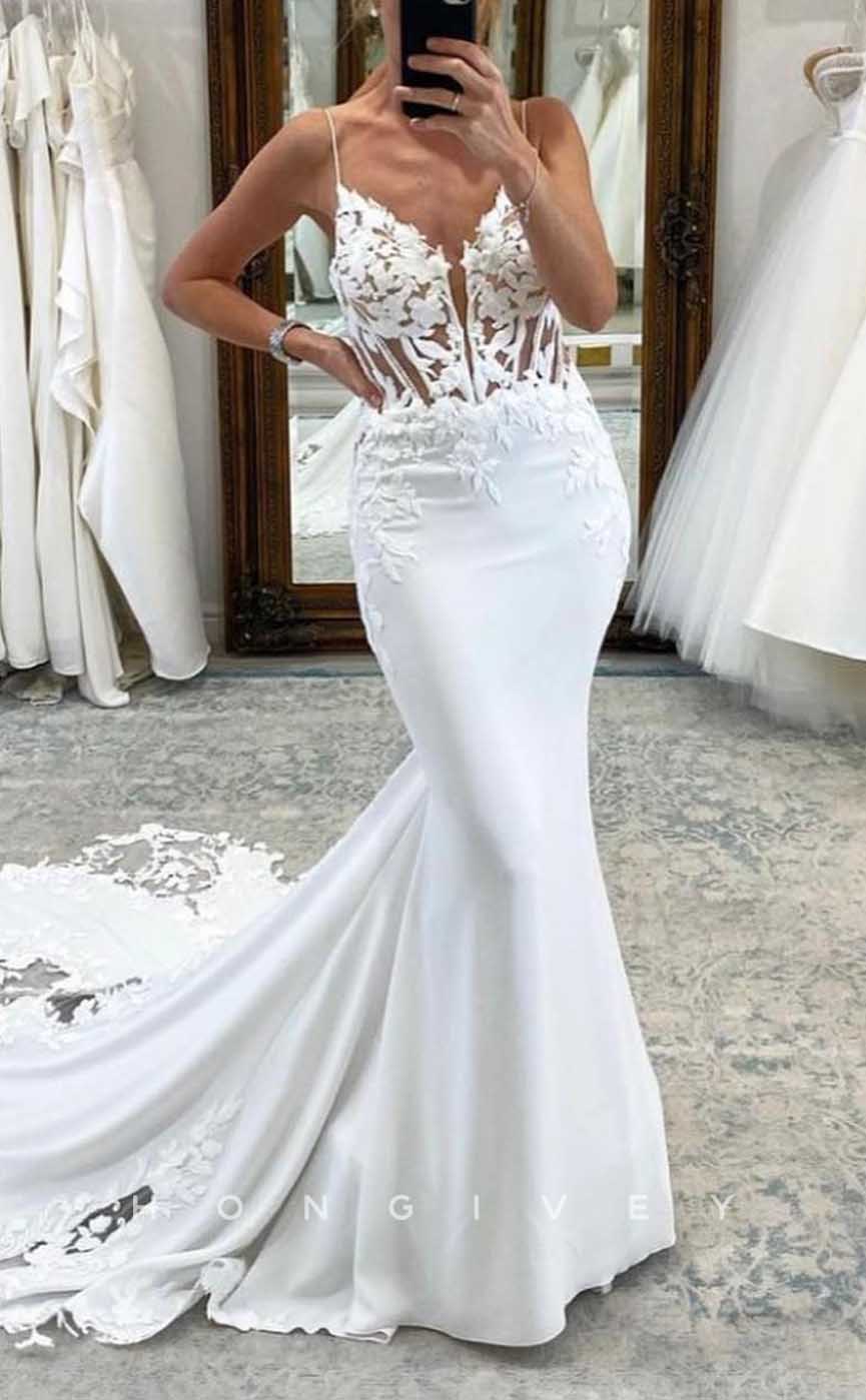 H1733 - Trumpet V-Neck Spaghetti Straps Lace Applique With Train Wedding Dress