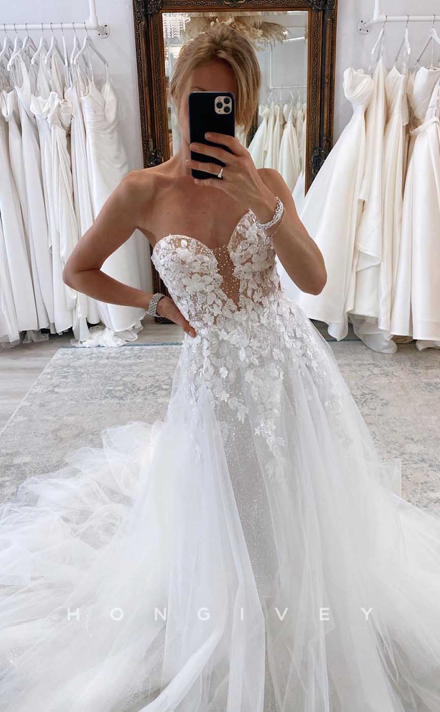 H1728 - Sweetheart Strapless Lace Applique Illusion Tulle A-Line Beach Wedding Dress