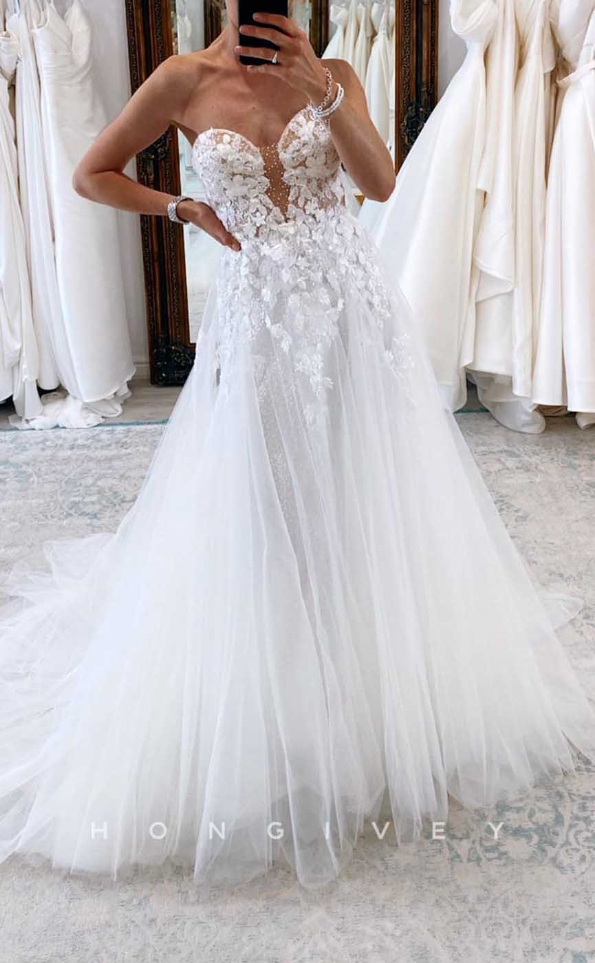 H1728 - Sweetheart Strapless Lace Applique Illusion Tulle A-Line Beach Wedding Dress