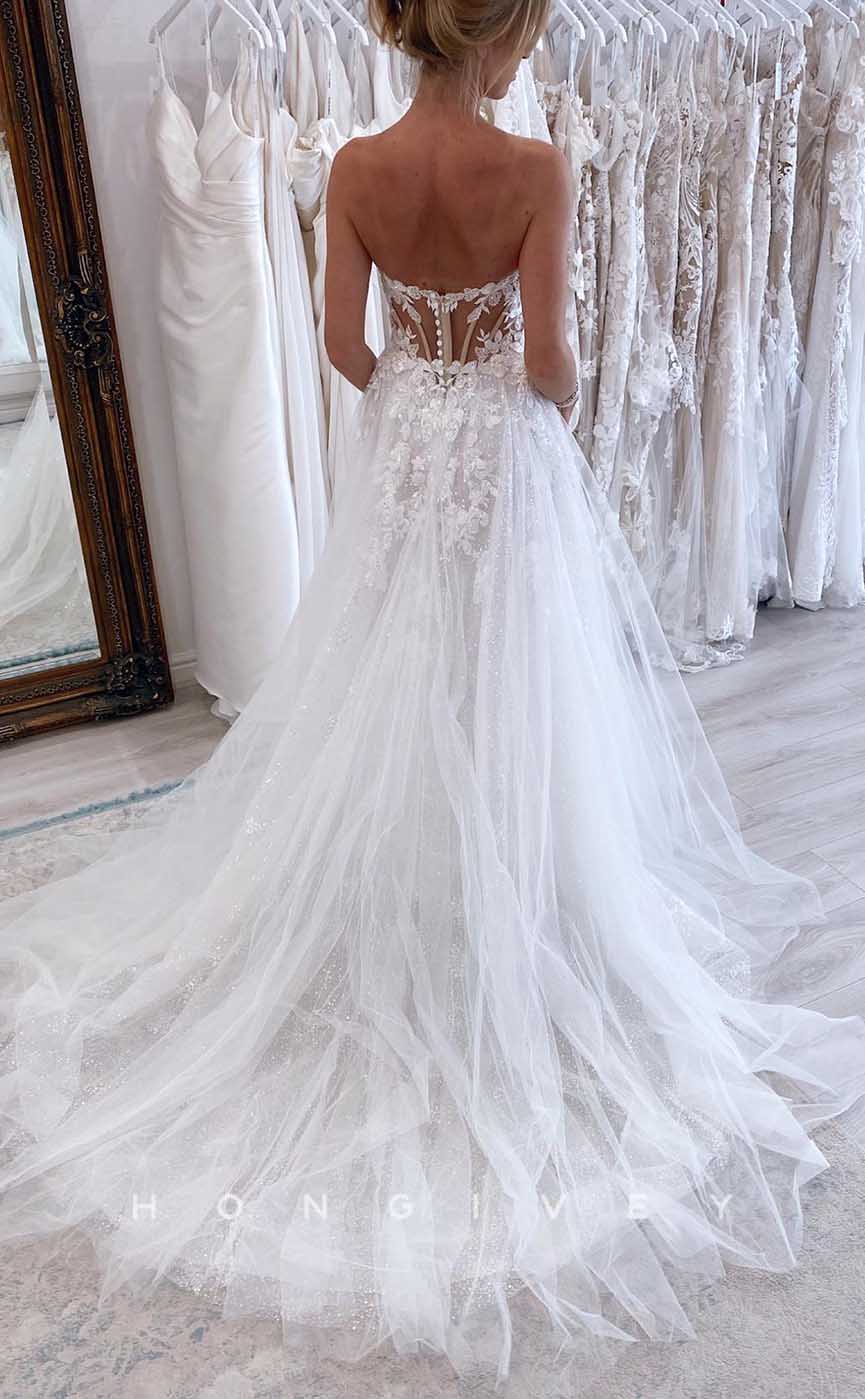 H1728 - Sweetheart Strapless Lace Applique Illusion Tulle A-Line Beach Wedding Dress