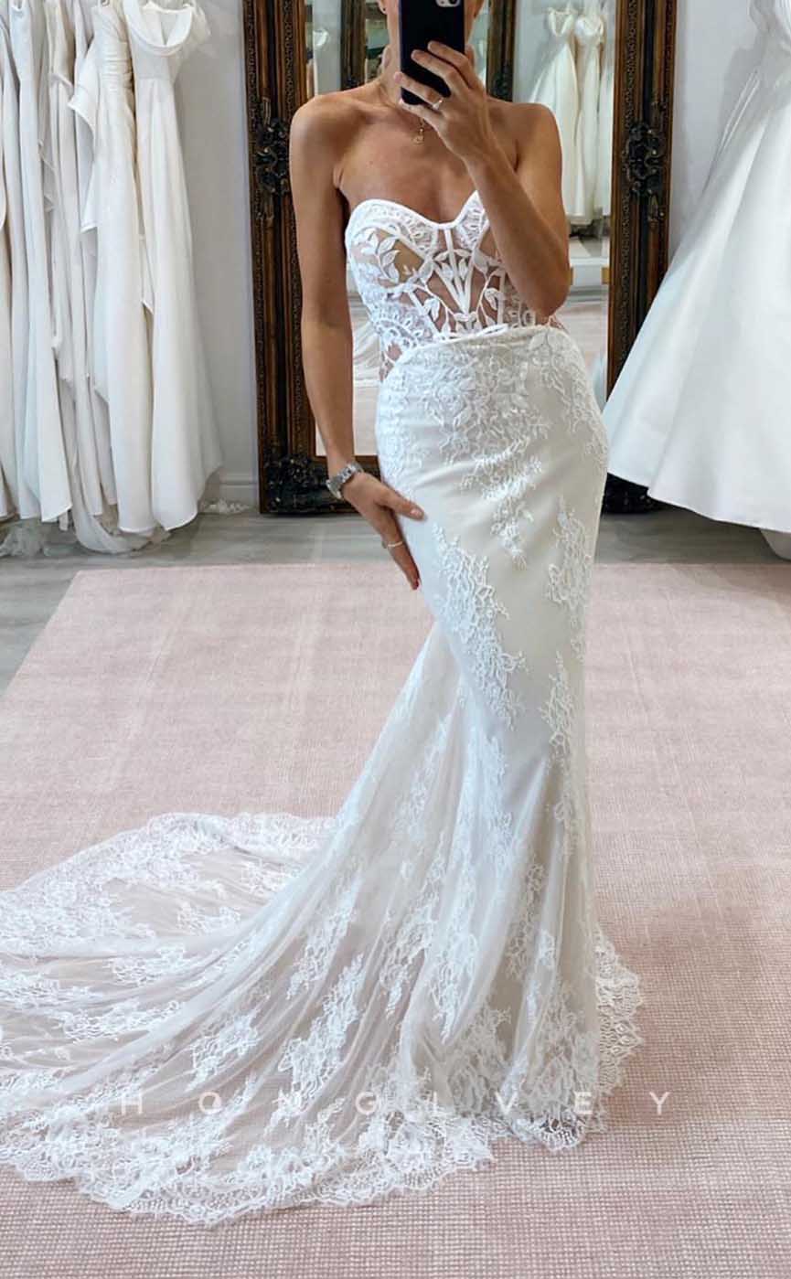 H1726 - Sweetheart Trumpet Lace Applique Illusion With Train Wedding Dress