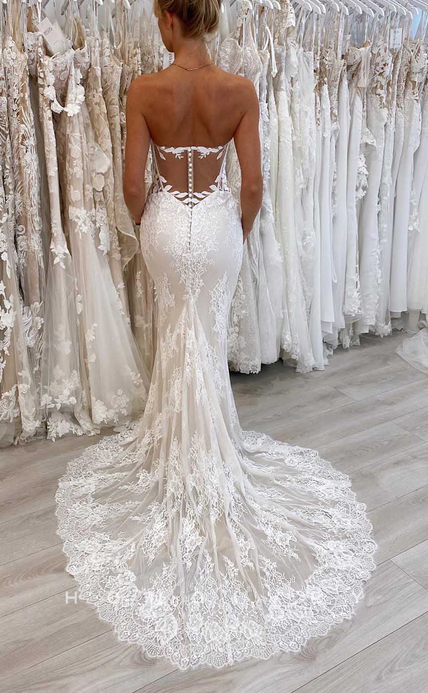 H1726 - Sweetheart Trumpet Lace Applique Illusion With Train Wedding Dress