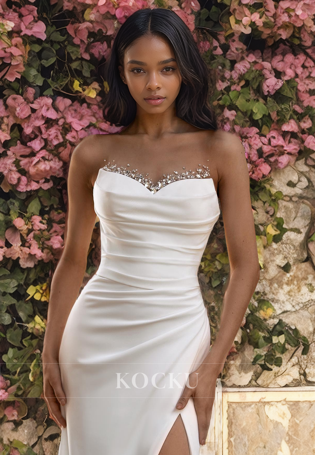 Classic & Timeless Off-Shoulder Sleeveless Ruched Beaded Wedding Dress