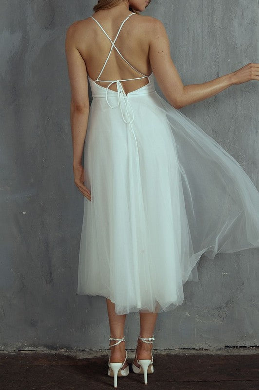 Tulle Ballerina Midi Dress With Cowl Front And Lace Up Open Back