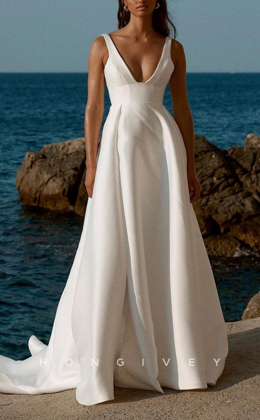 H1755 - Satin A-Line V-Neck Sleeveless High Slit With Train Wedding Dress